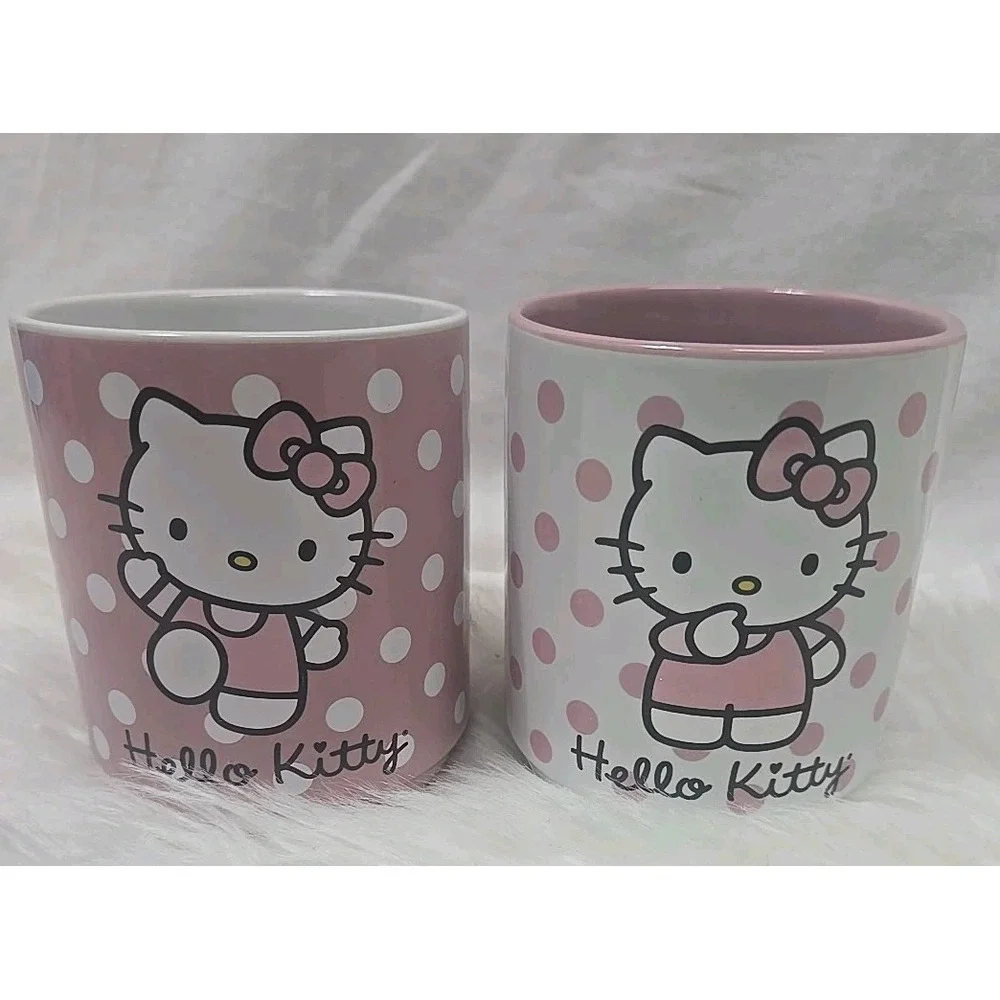 Hello Kitty Ceramic Tea Cups Mugs Set Of 2 Pink White 12 Oz Drink Polka Dot